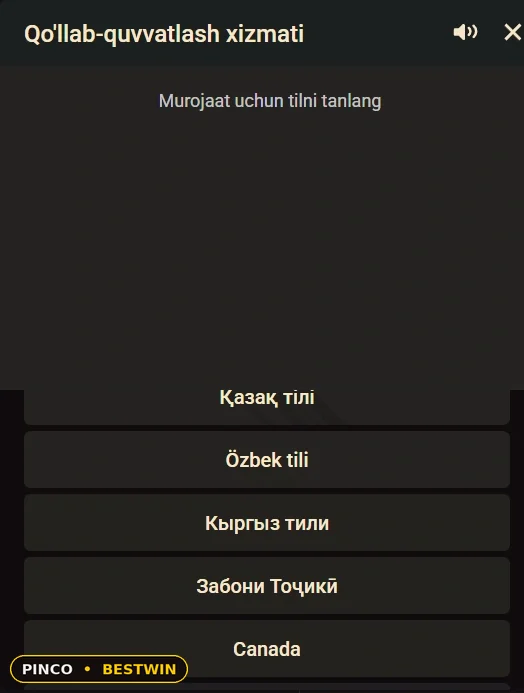 Qo‘llab-quvvatlash xizmati: til tanlash va murojaat oynasi