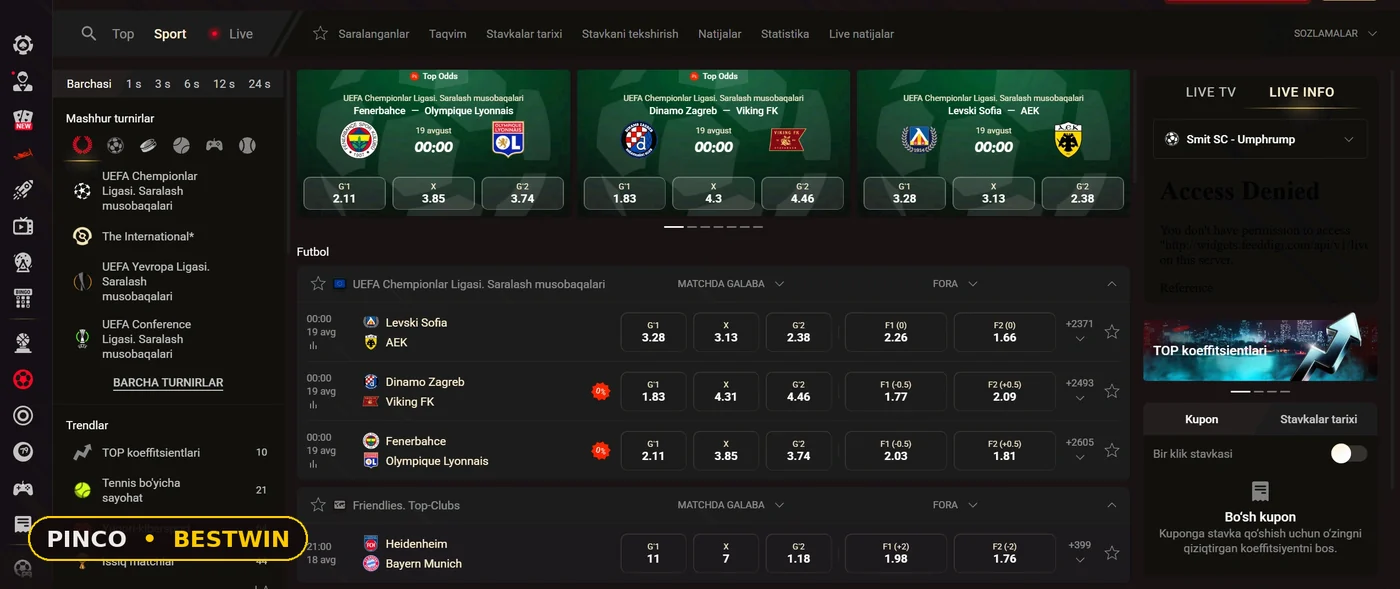 Sport liniyasi: futbol uchrashuvlari va koeffitsiyentlar