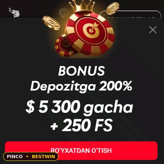 Xush kelibsiz bonus: depozitga 200% va 250 bepul aylanish